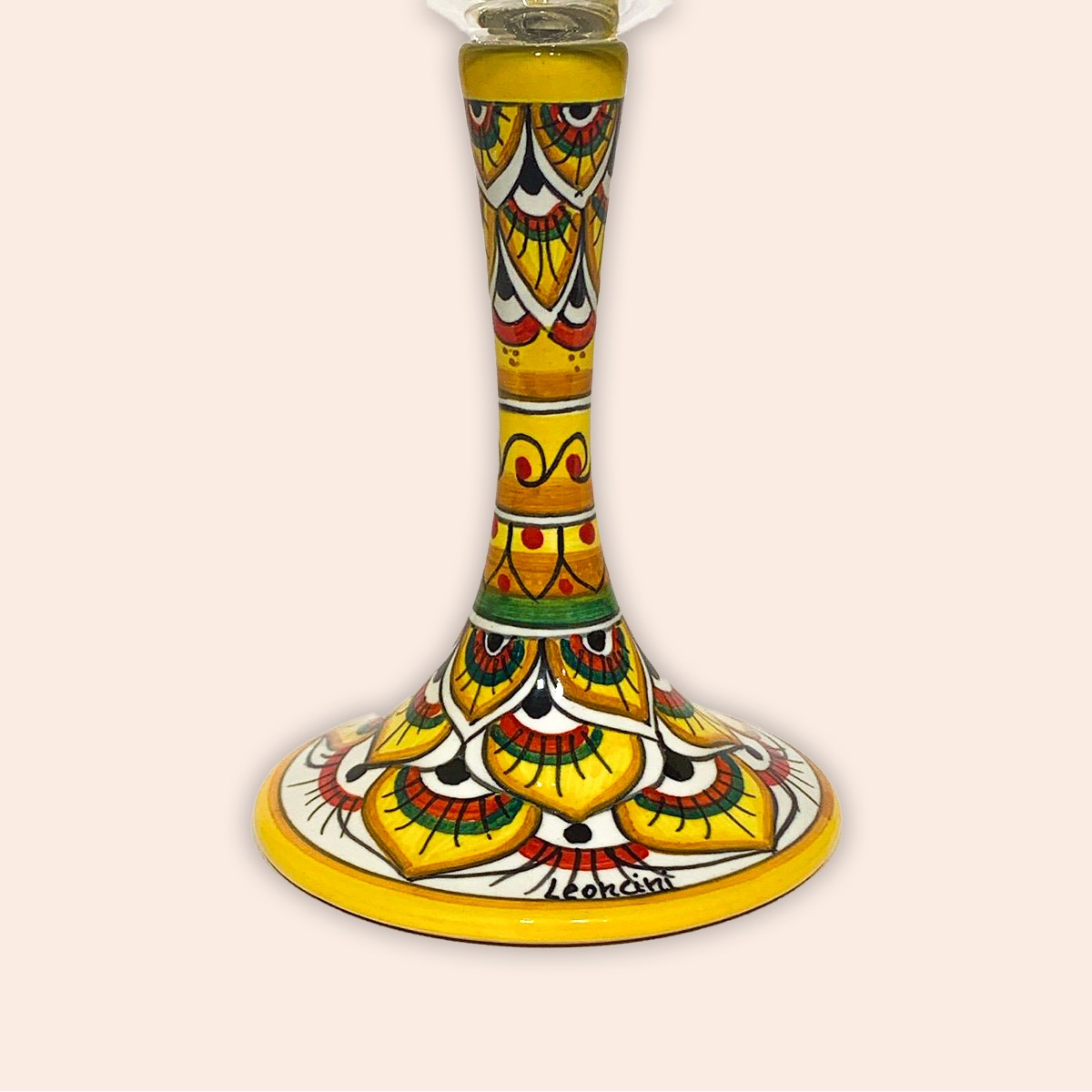 ELEGANT LEAD-FREE  CRYSTAL GLASS WITH CERAMIC STEM.  DESIGN: PEACOCK'S TAIL IN RED AND YELLOW cm.23h